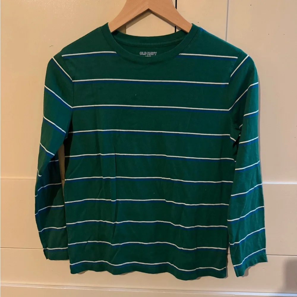 Old Navy Green Long-Sleeve Tee with White & Blue Stripes